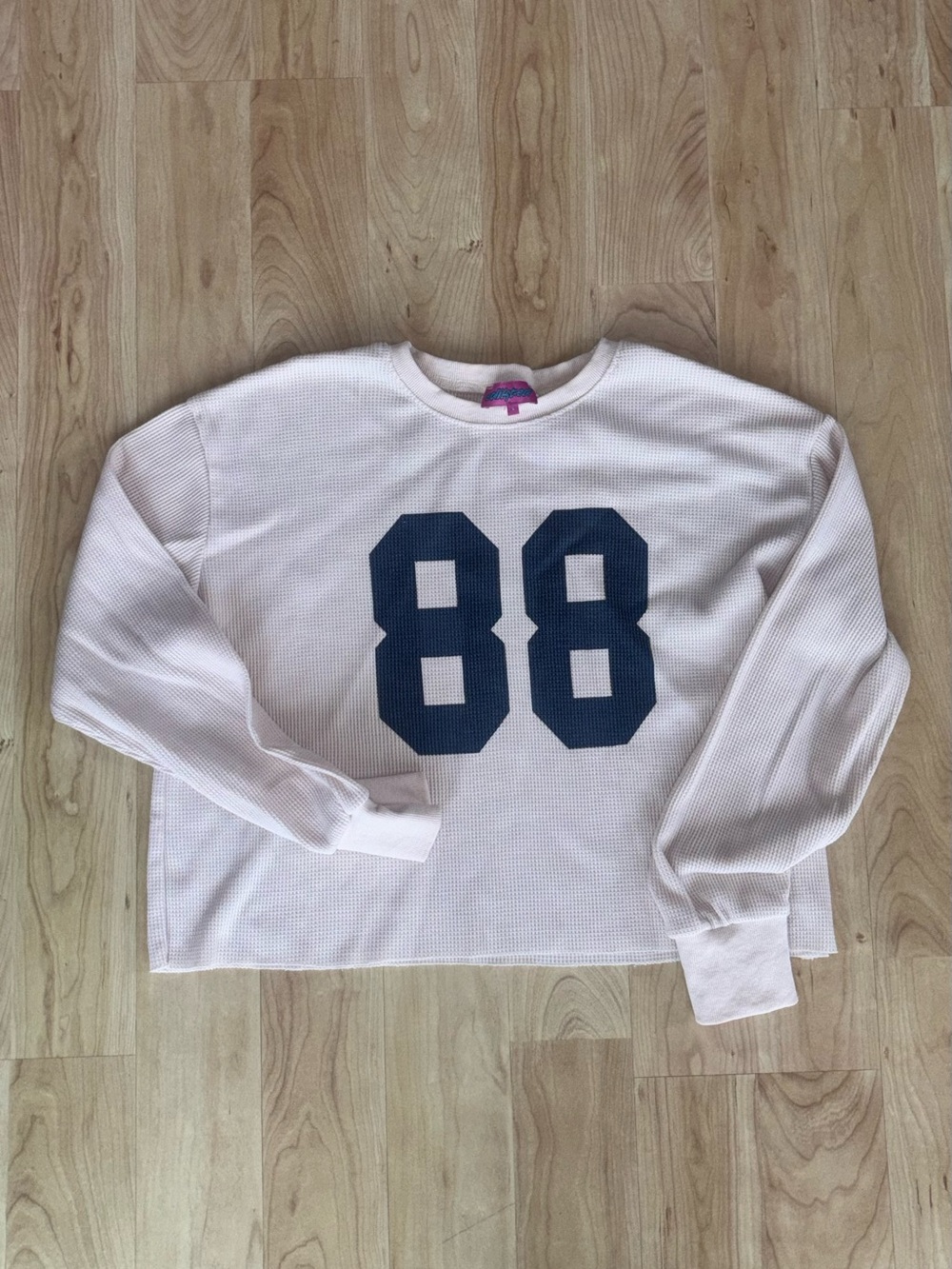 EDIKTED Never worn off white Waffle Knit Crop Top with Navy '88 Graphic